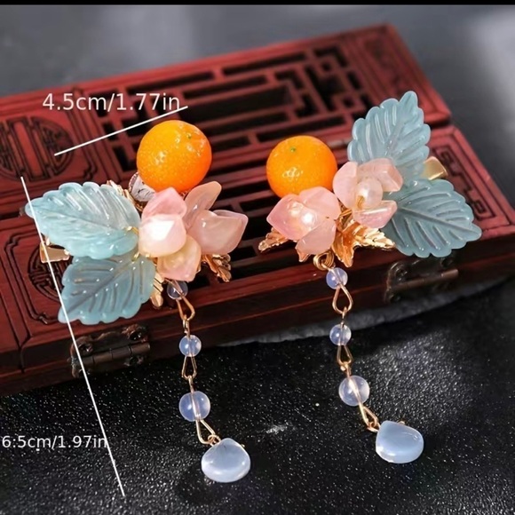 Tropical Orange Fruit Flower Drop Hair Clips - Picture 4 of 10